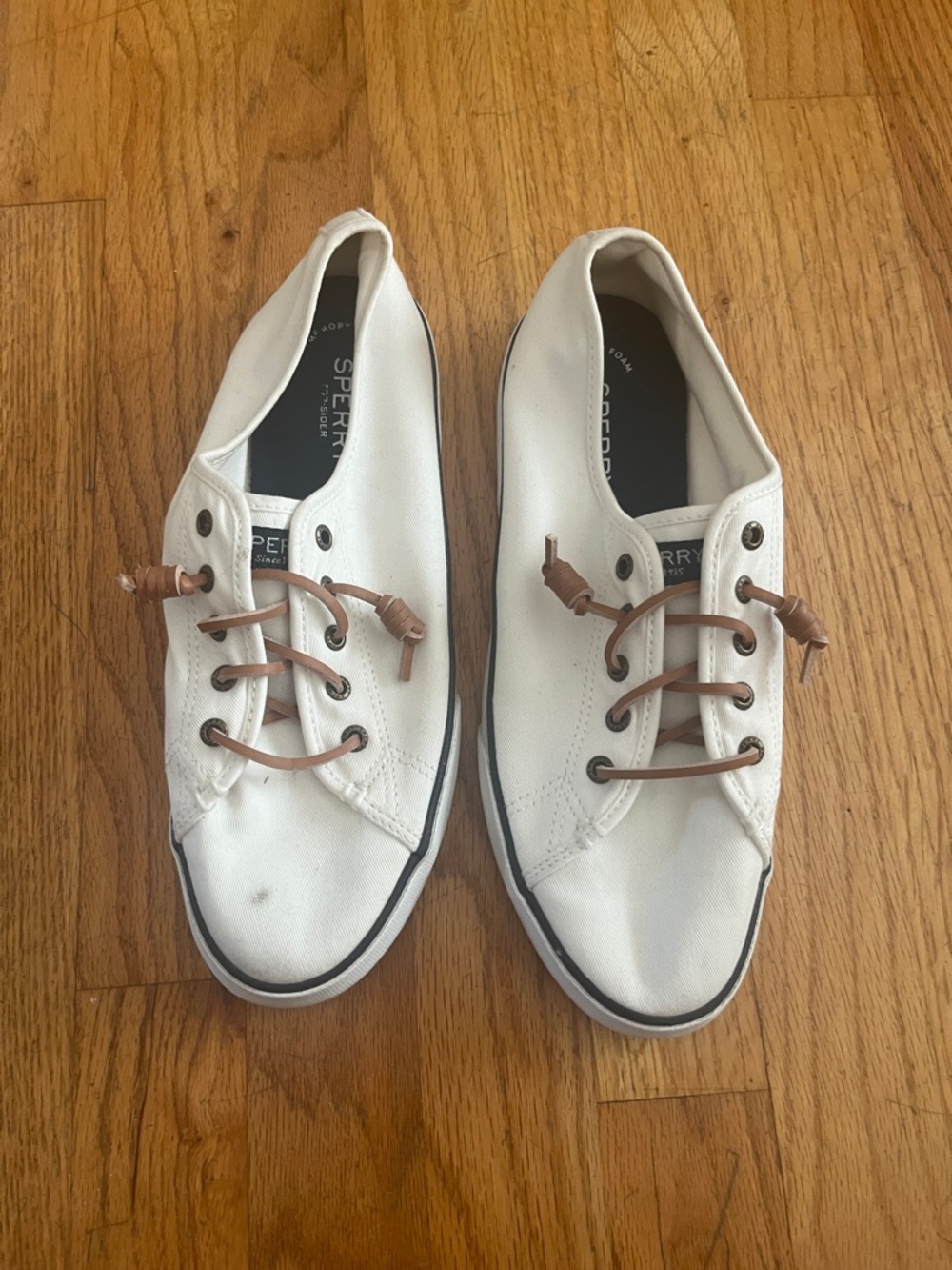 Sperry White Canvas Low-Top Sneakers with Brown Laces